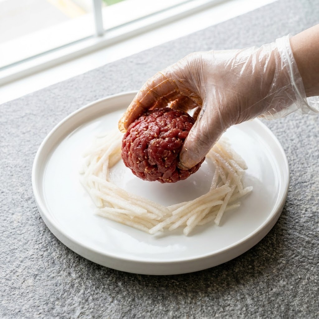 채 썬 배 위에 양념 육회와 노른자 올리기, 류수영 양념 육회 3단계, 편스토랑