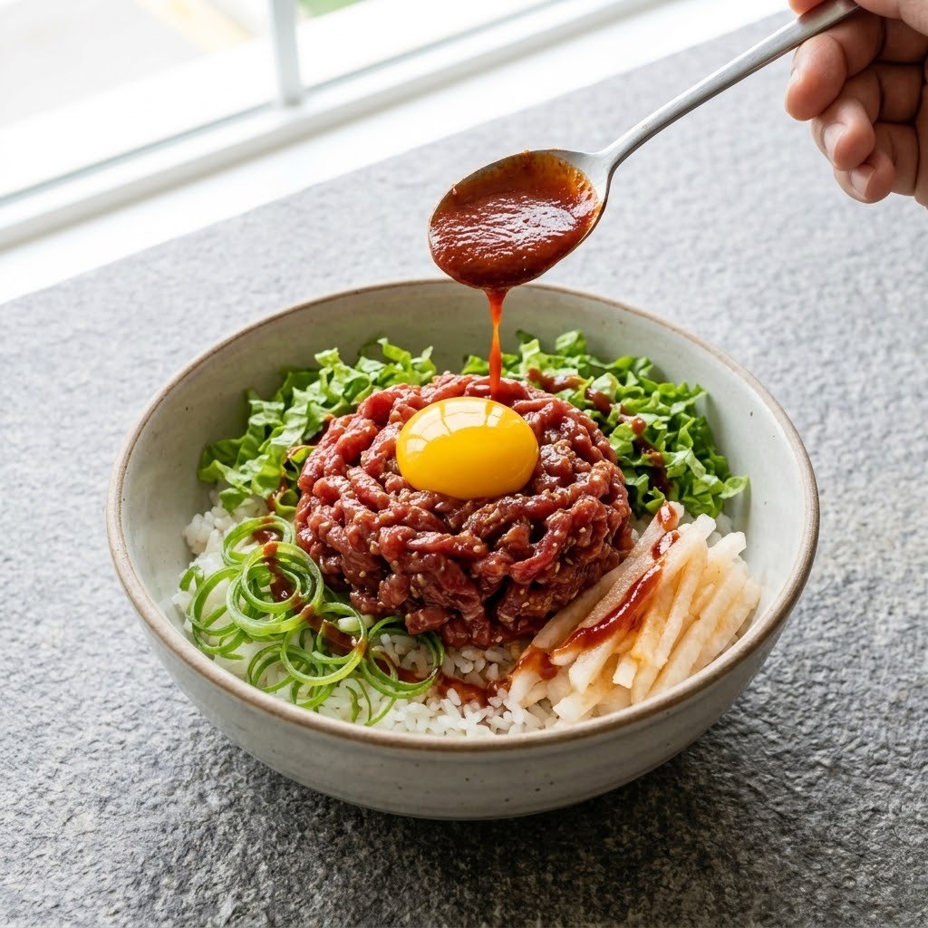 그릇에 밥과 채소 및 육회를 올리고 노른자와 양념장 더하기, 류수영 양념 육회 비빔밥 5단계, 편스토랑