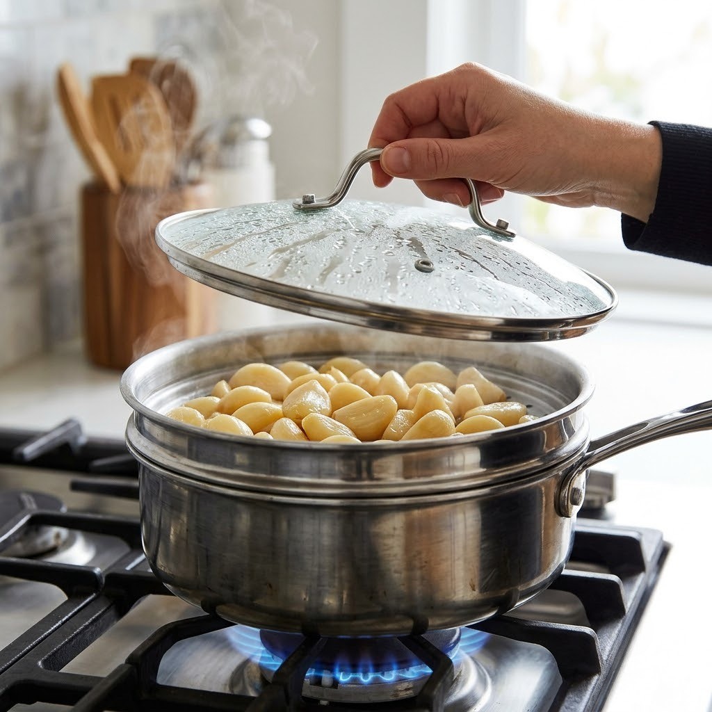 찜기에 마늘을 올려 10분간 찌고 5분간 뜸을 들이는 단계, 편스토랑 이유리 레시피