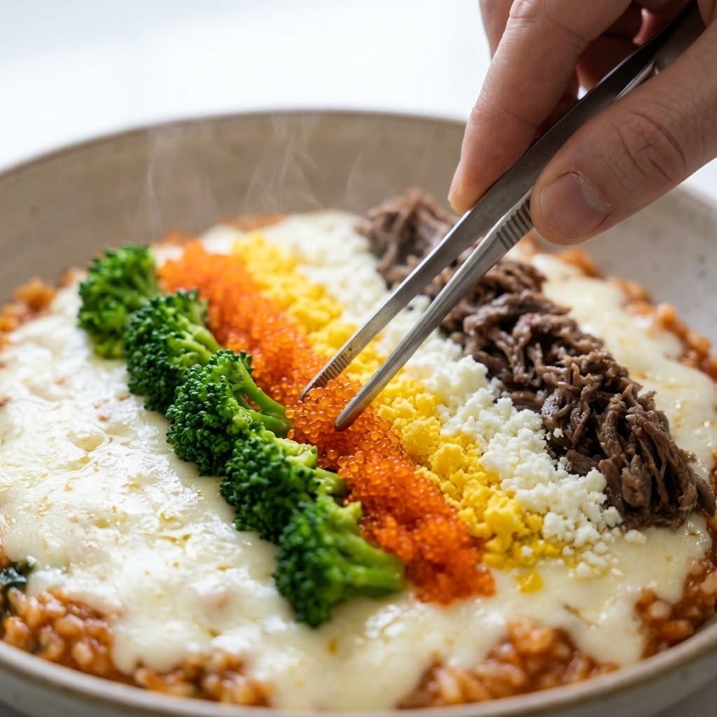 리조또 (리소토) 위에 모차렐라 치즈를 올리고 오색 고명을 무지개 패턴으로 가지런히 데코레이션하는 최종 단계