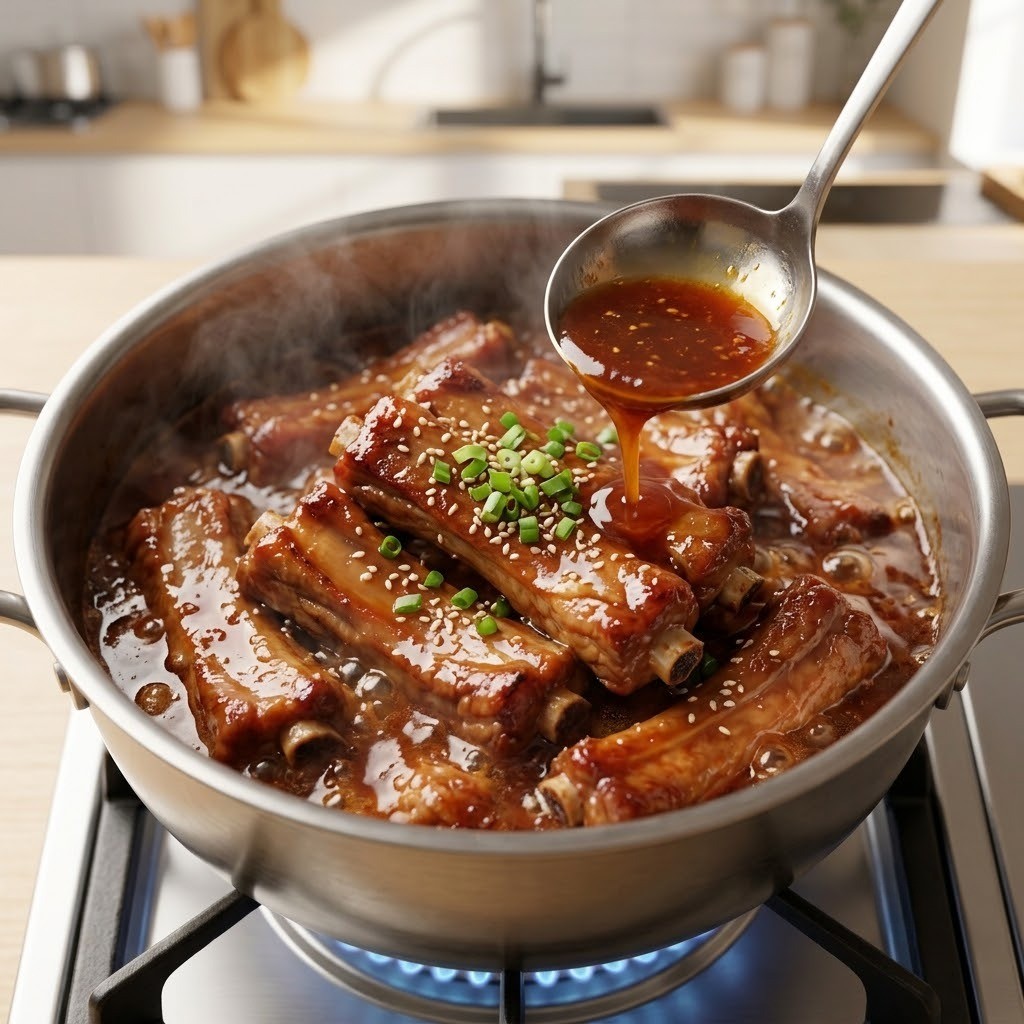 압력솥에 푹 조려 윤기가 흐르는 등갈비찜, 오윤아 민이 도시락 만들기 2단계
