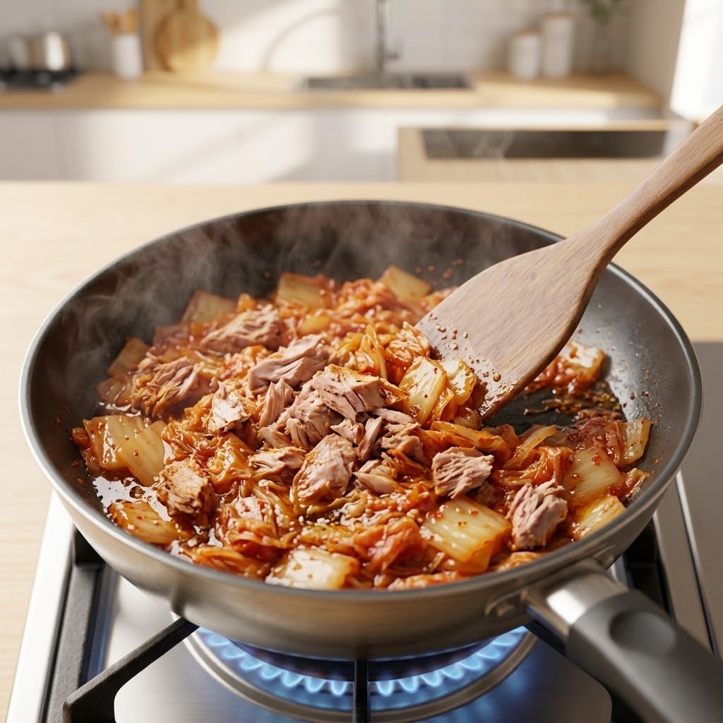 참치와 아삭한 김치를 들기름에 달달 볶는 과정, 오윤아 민이 도시락 만들기 3단계