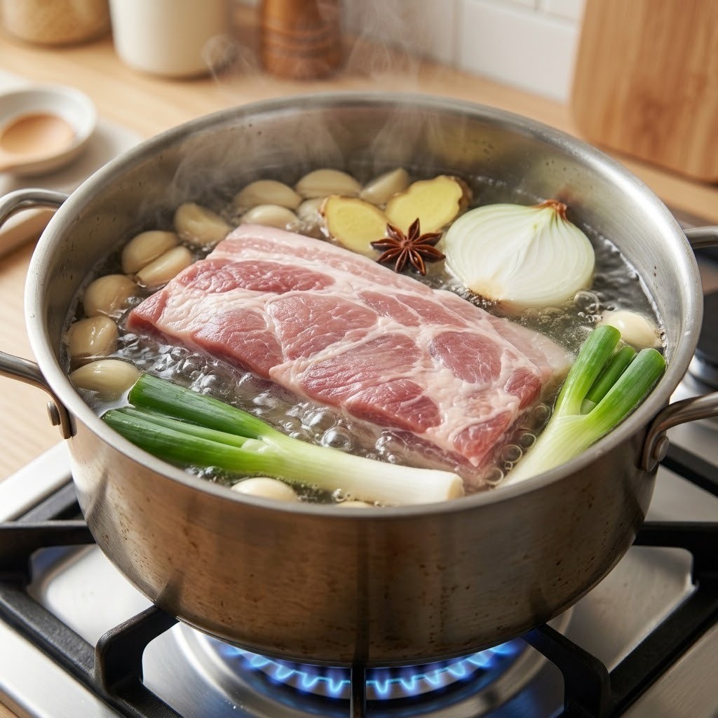 냄비에 앞다리살과 팔각, 마늘, 양파 등 향신 재료를 넣고 끓이는 과정