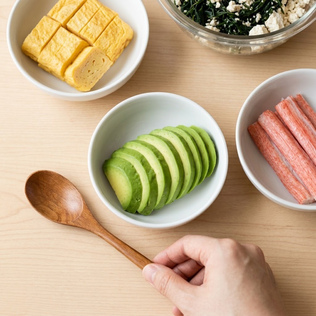 슬라이스한 아보카도, 게맛살과 네모나게 썬 달걀지단 재료 준비