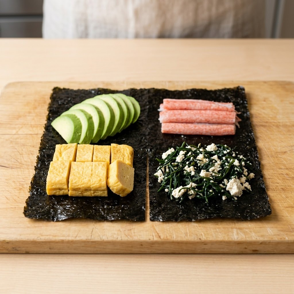 가운데를 자른 김밥김 위에 사등분하여 톳두부무침과 재료들을 얹은 모습