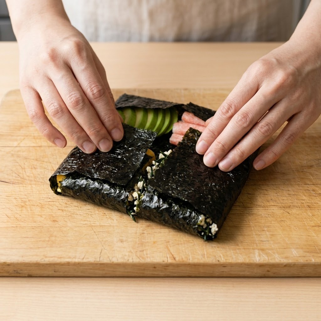 김밥김을 차곡차곡 접어서 두툼하고 깔끔한 네모김밥을 완성하는 단계
