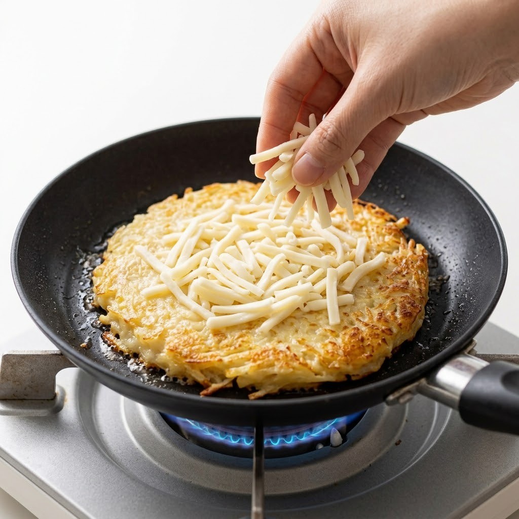 팬 위에서 노릇노릇하고 바삭하게 구워지고 있는 감자전 위에 모차렐라 치즈를 듬뿍 토핑하는 과정