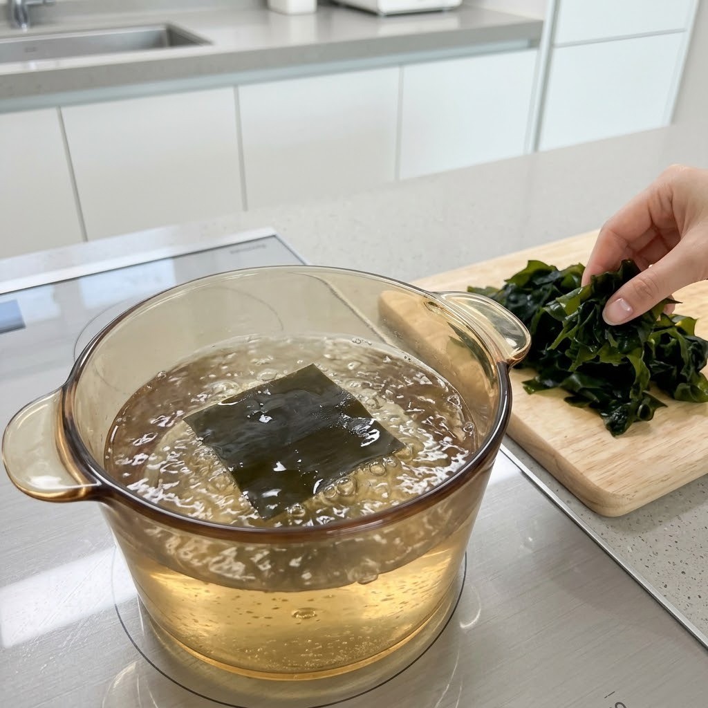다시마 육수를 끓이고 톳을 끓는 물에 데치는 과정, 완도국수 만들기 1단계