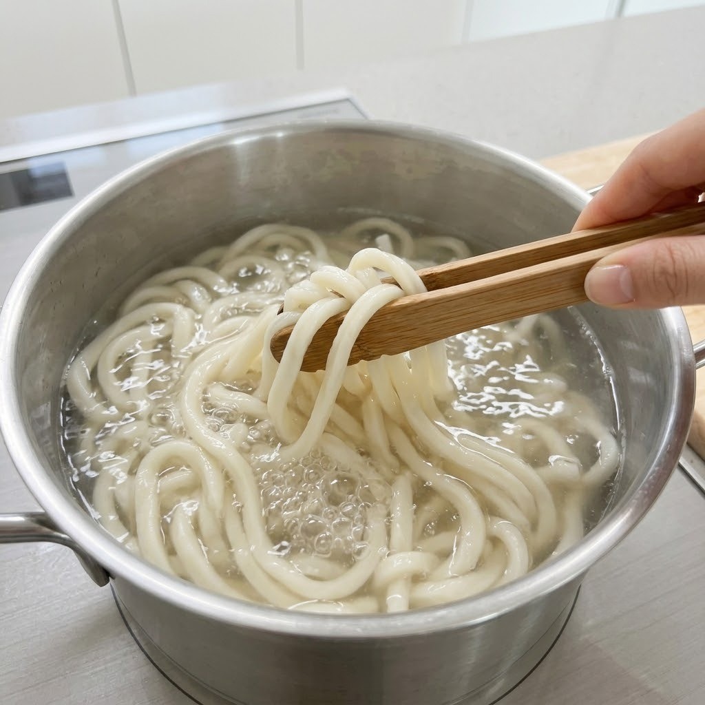우동면을 끓는 물에 알맞게 삶아 건져내는 과정, 완도국수 만들기 3단계
