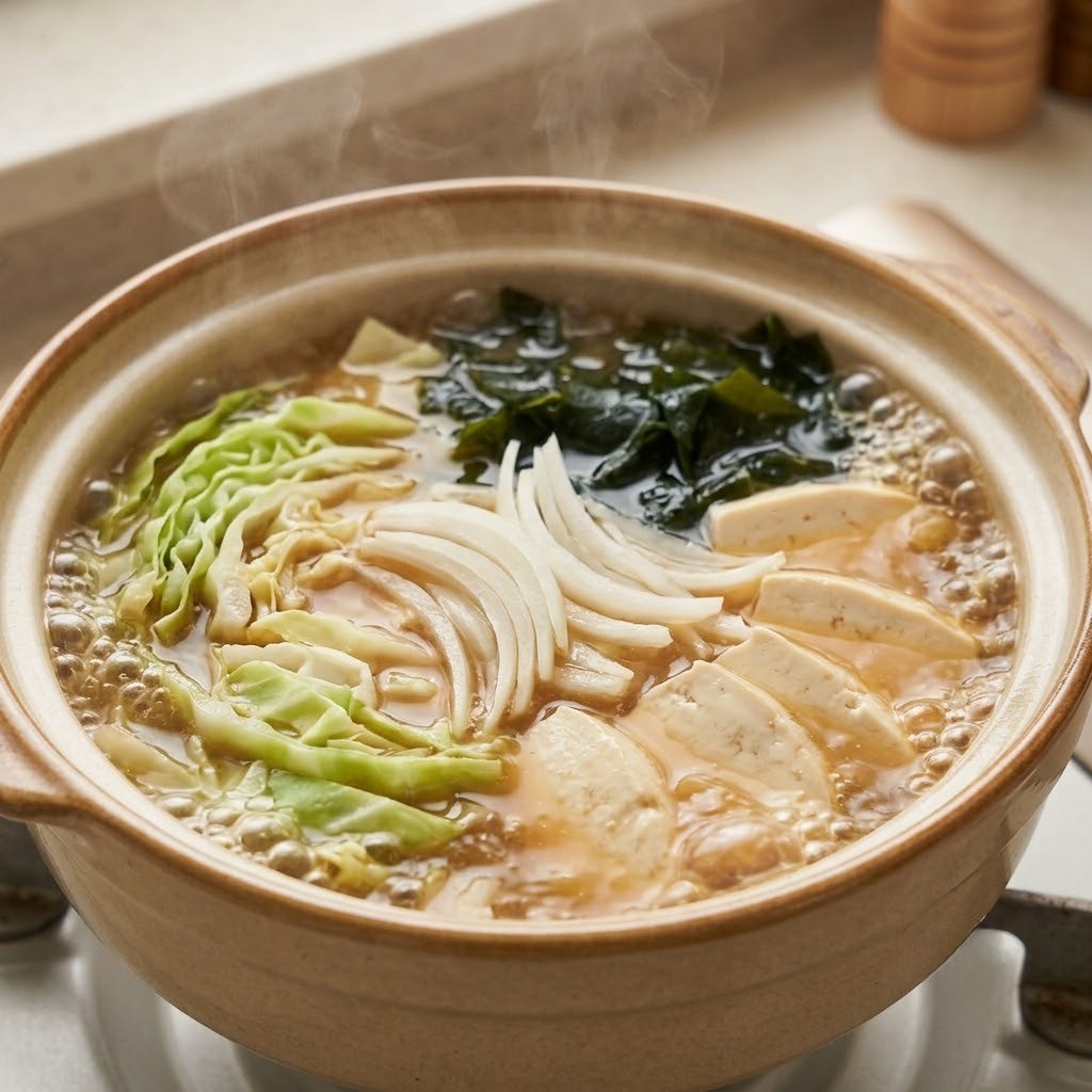 된장 육수에 손질한 배추, 양파, 톳, 두부를 넣어 끓이는 과정, 완도국수 만들기 5단계