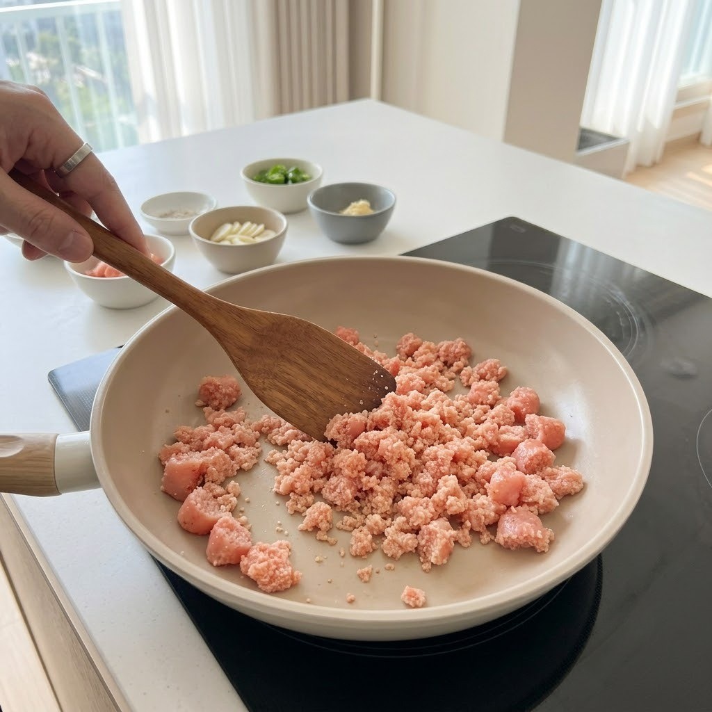 마른 팬에 기름 없이 고슬고슬 명란 볶기, 매생이 크림 떡볶이 요리 과정