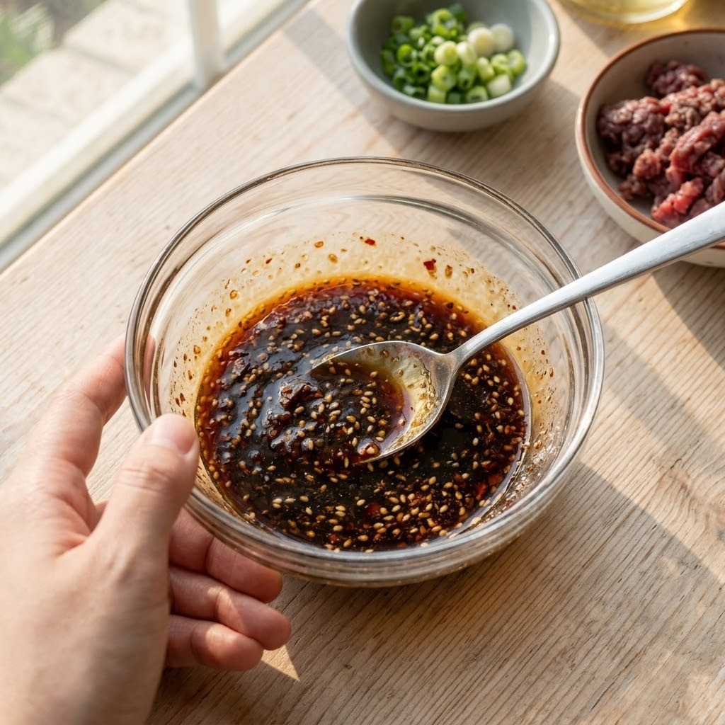 참간초 비법 소스를 그릇에 넣고 섞는 과정, 편스토랑 류수영 레시피
