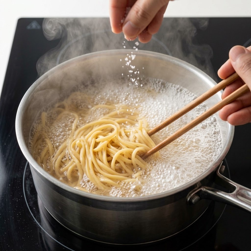끓는 소금물에 파스타면을 넓게 펴서 넣고 삶는 모습, 참간초 파스타 만들기