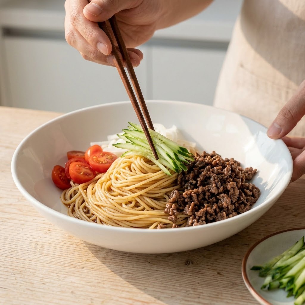 완성된 차가운 면 위에 소고기 고명과 아삭한 채소를 세팅하는 플레이팅 과정