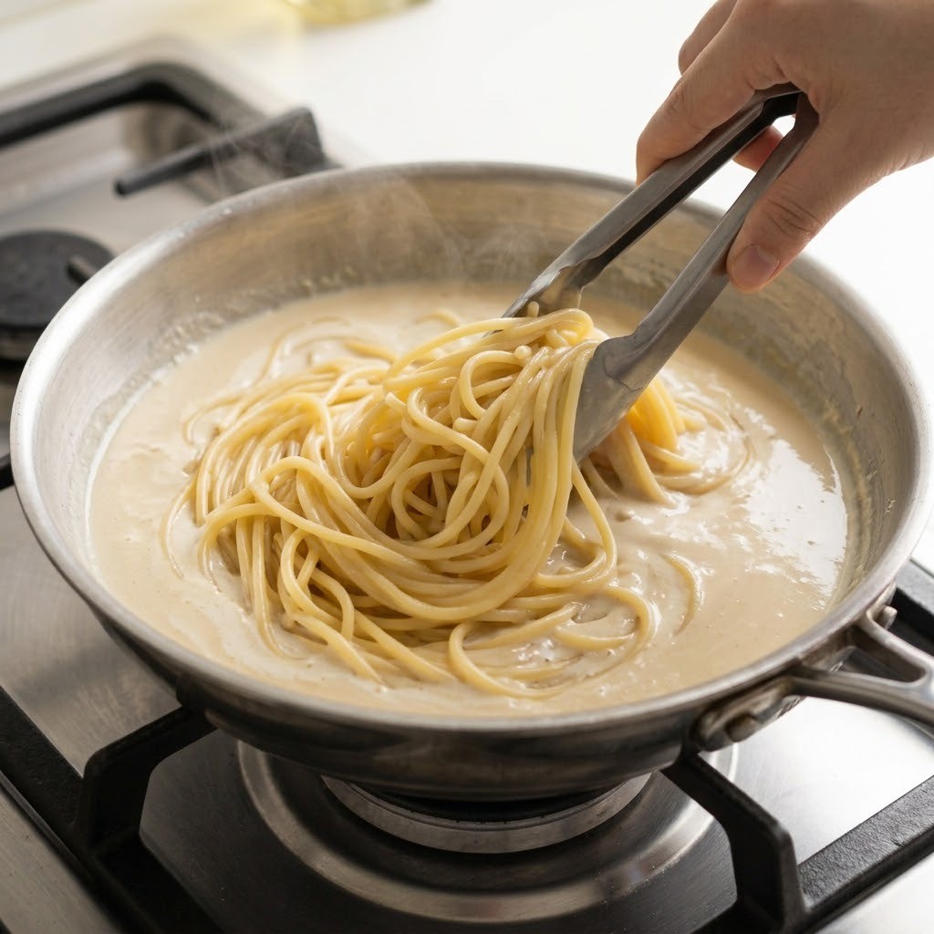 고소한 콩수프에 삶은 파스타면을 넣어 골고루 섞어 마무리하는 단계