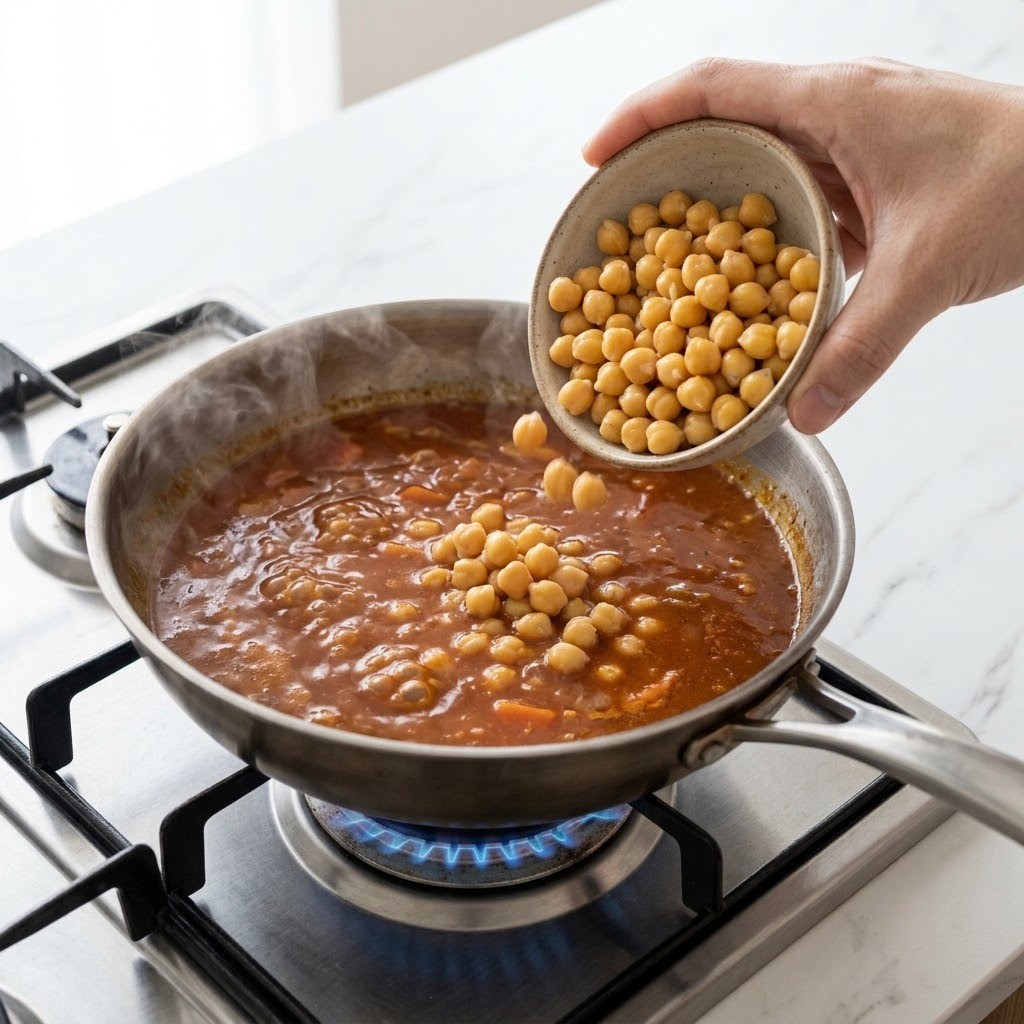 볶은 재료에 붉은 토마토 육수를 붓고 준비된 부드러운 병아리콩을 더해 한소끔 끓여주는 조리 단계, 편스토랑 이영자 레시피