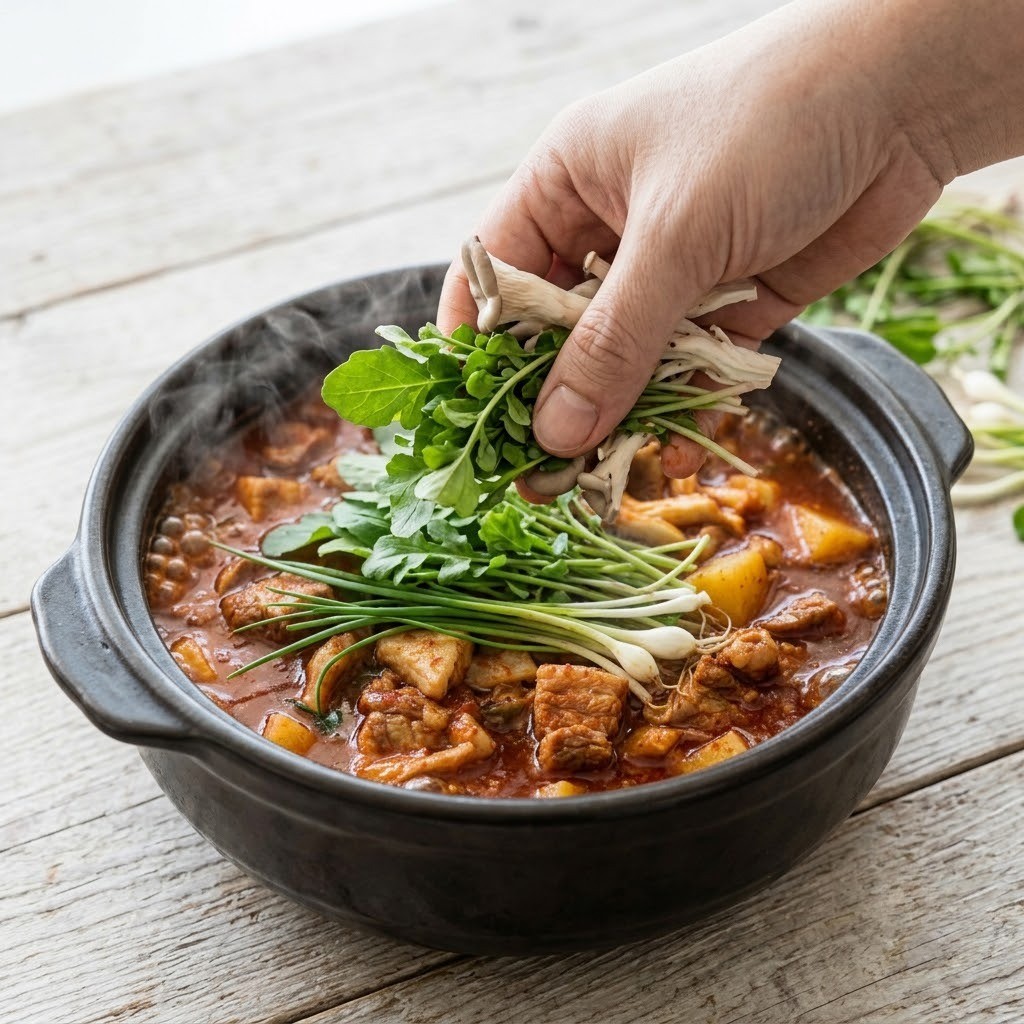 완성 단계의 짜글이에 봄나물과 느타리버섯을 넣는 모습, 봄나물 짜글이 만들기 5단계