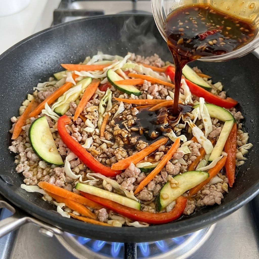 볶아진 돼지고기에 얇게 썬 야채들과 하루 숙성한 돈규 소스를 뿌려 불맛 나게 볶는 단계