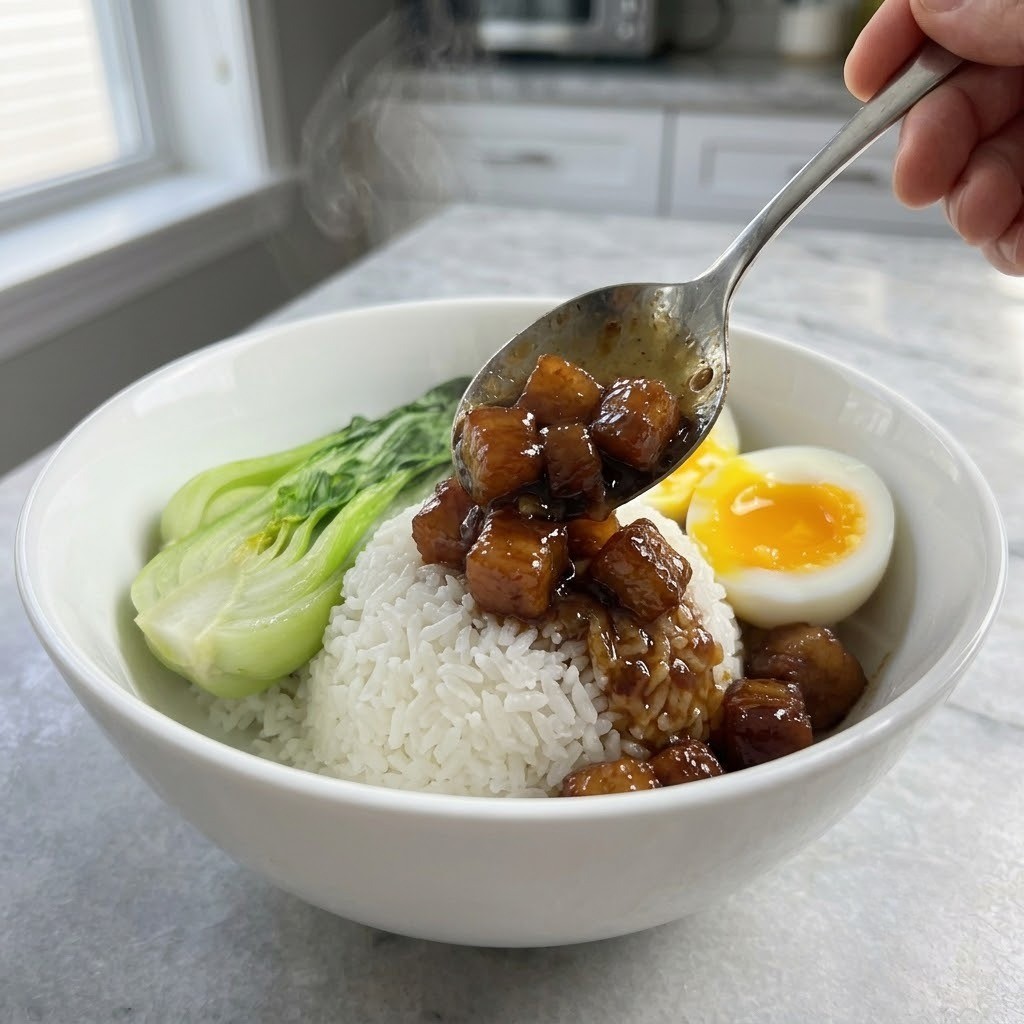 따뜻한 밥 위에 청경채와 반숙란을 올리고 조려진 삼겹살 소스를 부어 완성하는 플레이팅