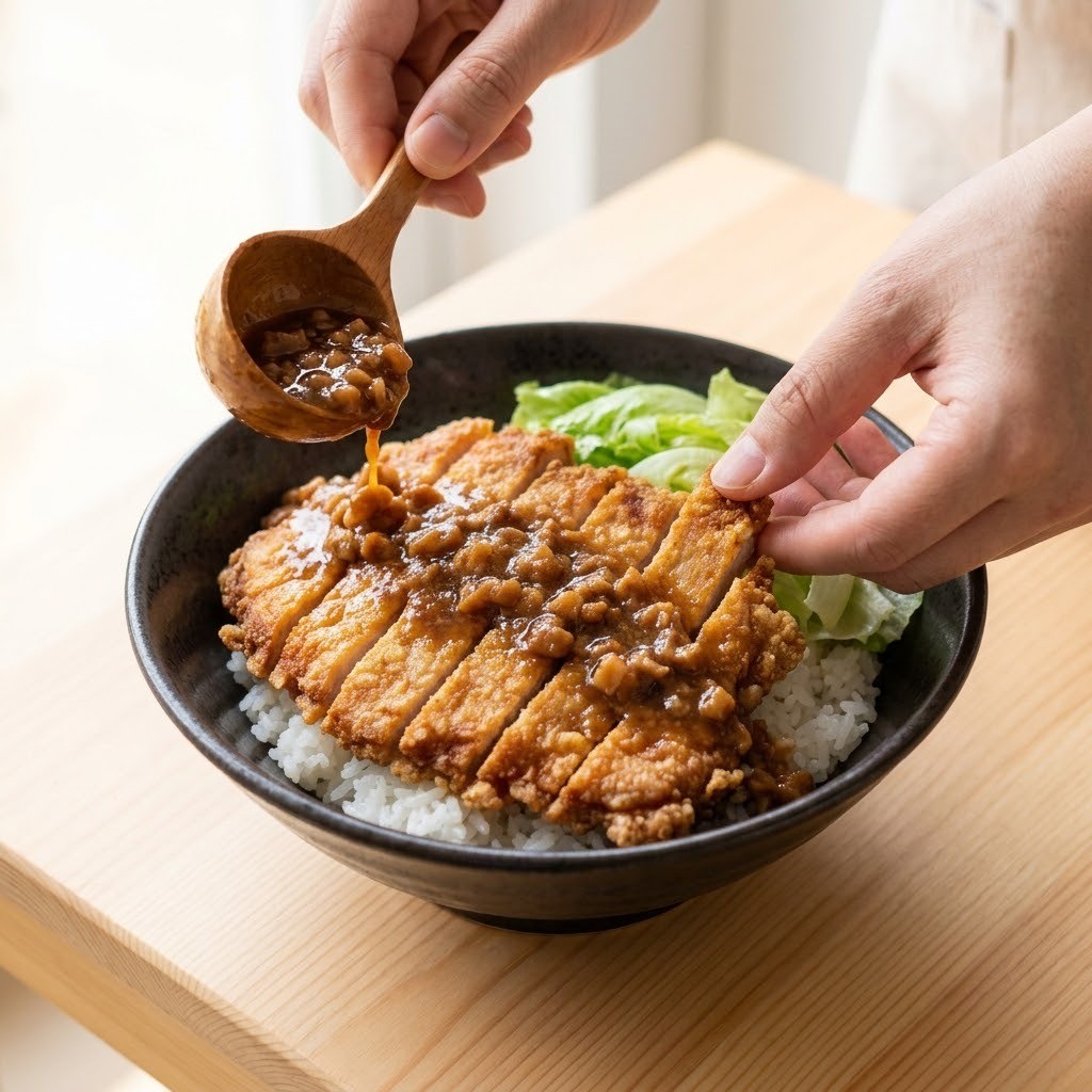 밥 위에 고기와 양상추 올리고 소스 뿌리기, 파이구판 완성 단계