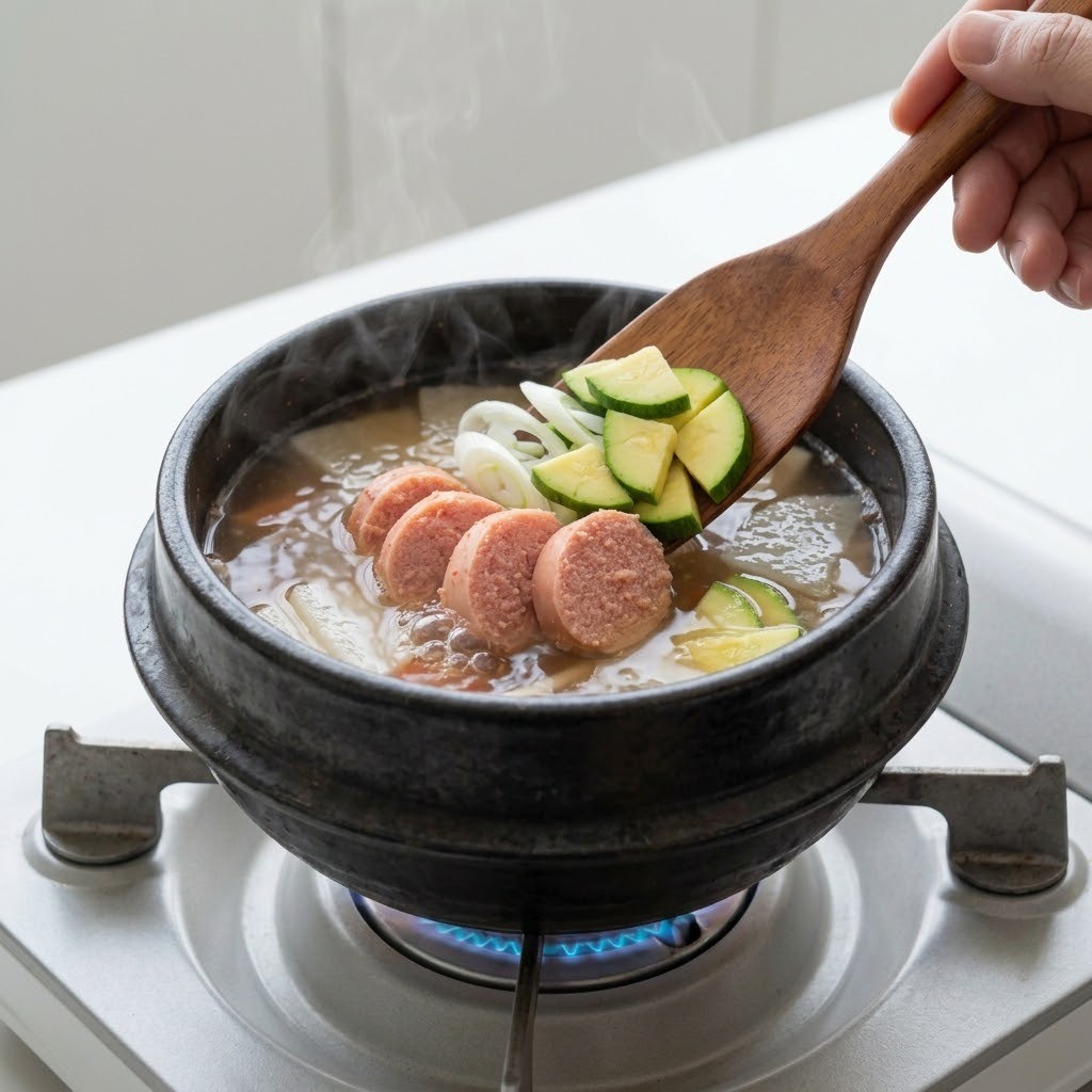 무가 익은 육수에 손질한 채소와 명란젓 넣고 끓이기, 명란찌개 과정