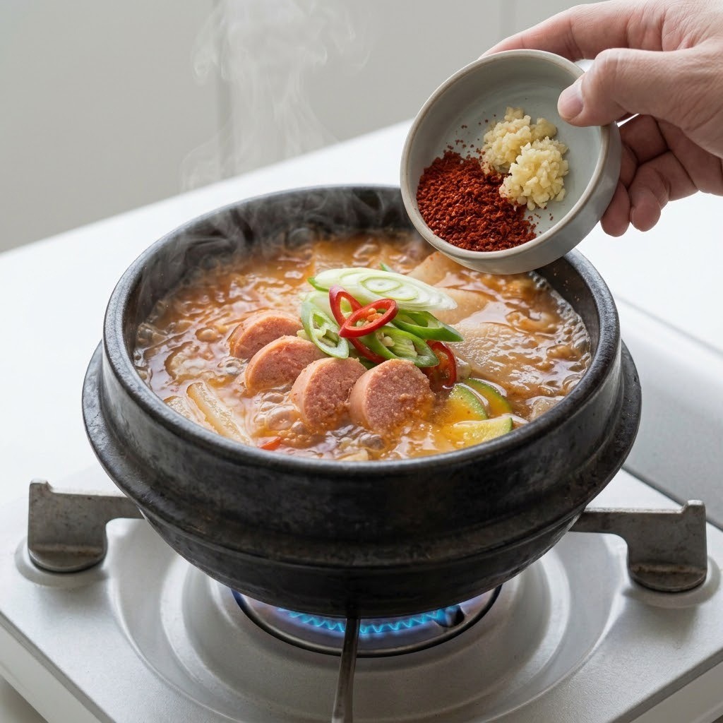 새우젓과 다진 마늘, 고춧가루를 넣고 한소끔 끓여 마무리하기