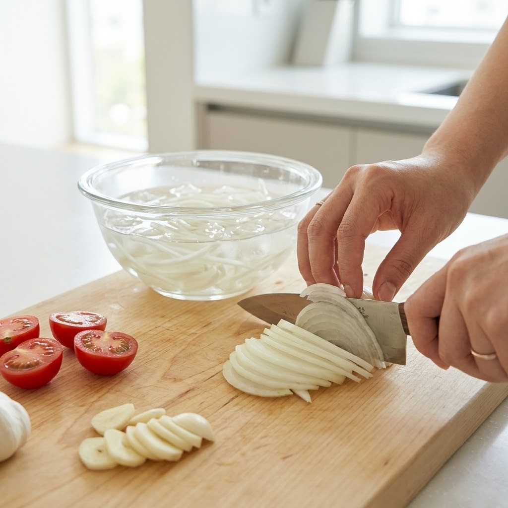 도마 위에 양파를 얇게 채썰고 찬물에 담가두는 야채 손질 과정, 크림고추장삼겹 만들기 1단계