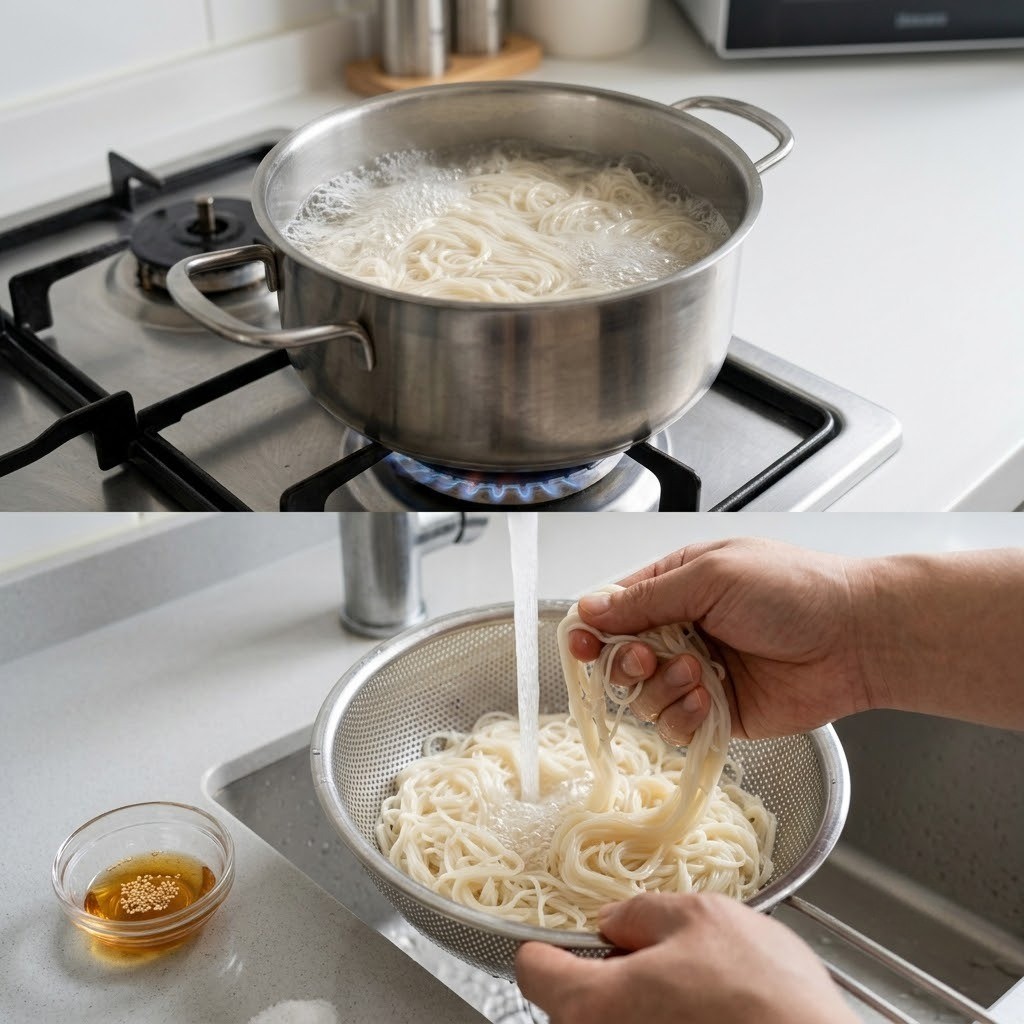 소면을 쫄깃하게 삶아 찬물에 씻은 후 참기름과 소금으로 밑간하는 과정