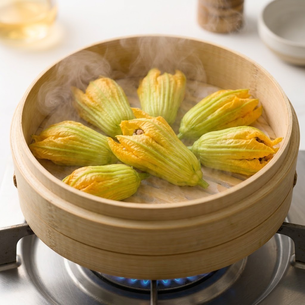 김이 올라오는 찜통에서 호박꽃만두를 찌는 모습, 호박꽃만두 만들기 4단계