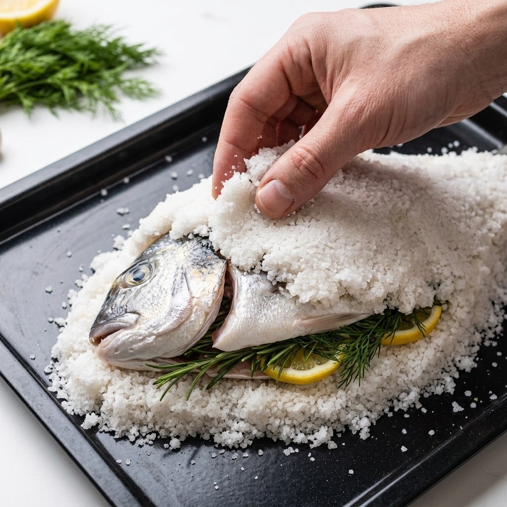 오븐 팬 위 소금 반죽과 허브로 도미 머리를 완전히 감싸 덮는 단계