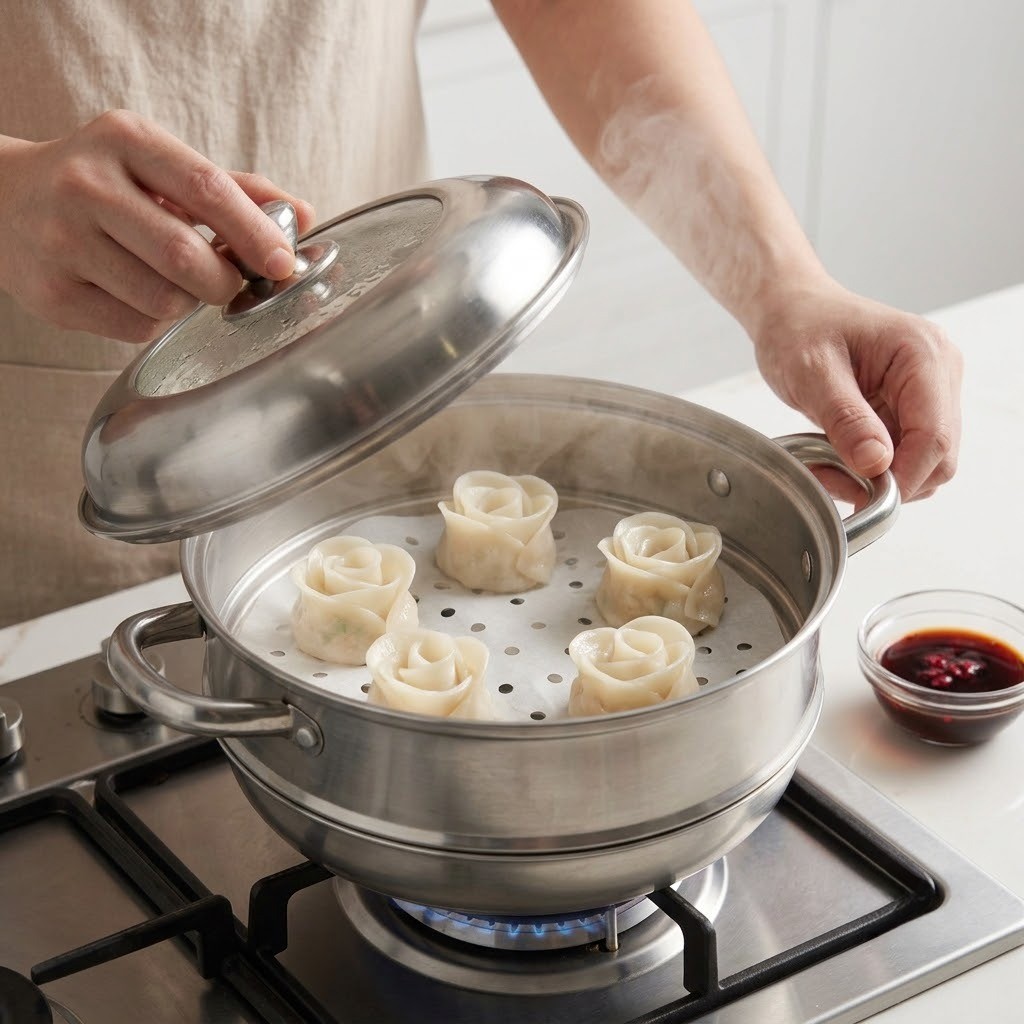 수증기가 올라오는 찜기에 넣고 10분간 찌기, 도미꽃만두 만들기 5단계
