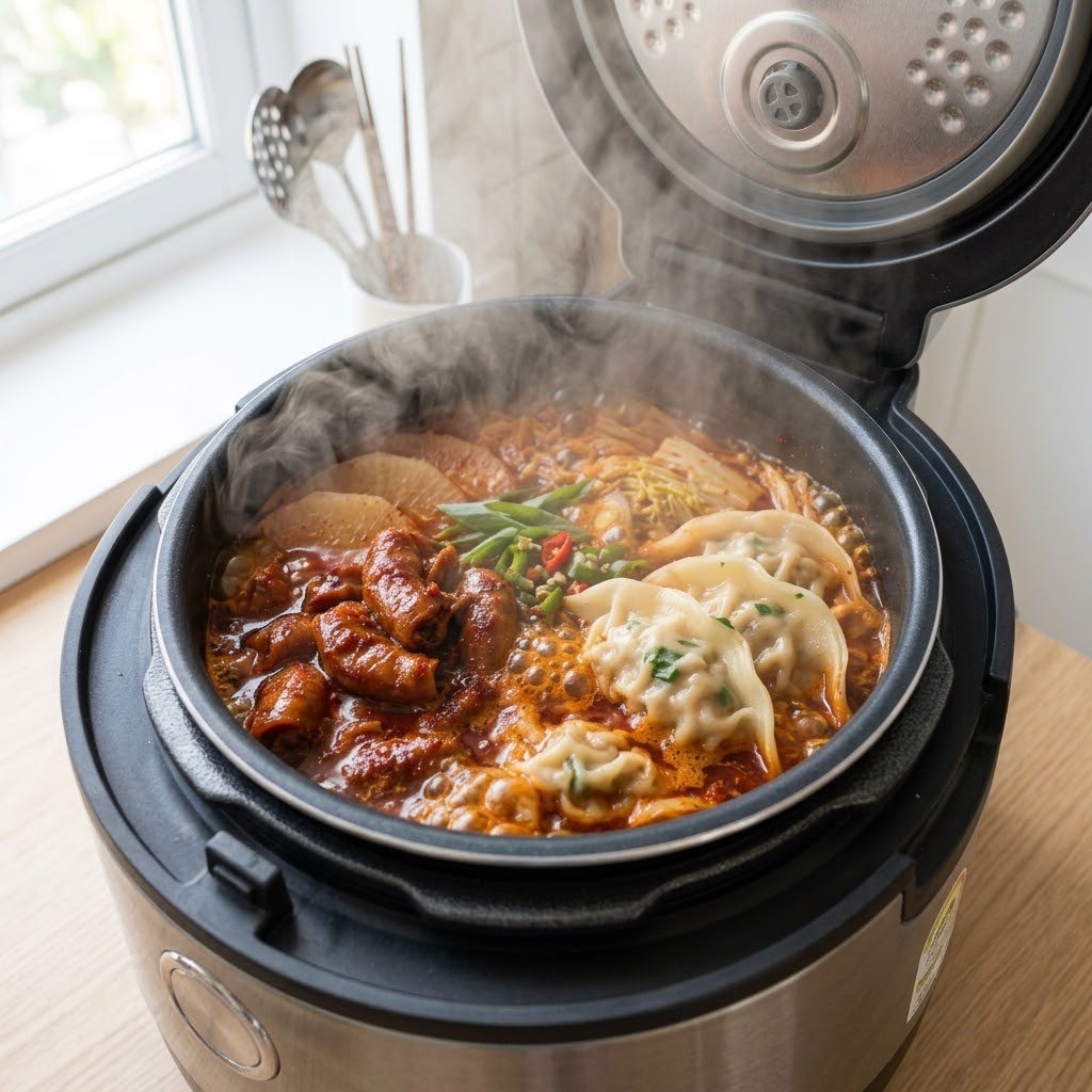 전기밥솥 만능찜 모드로 35분간 조리해 얼큰하게 완성된 불막창 만두전골