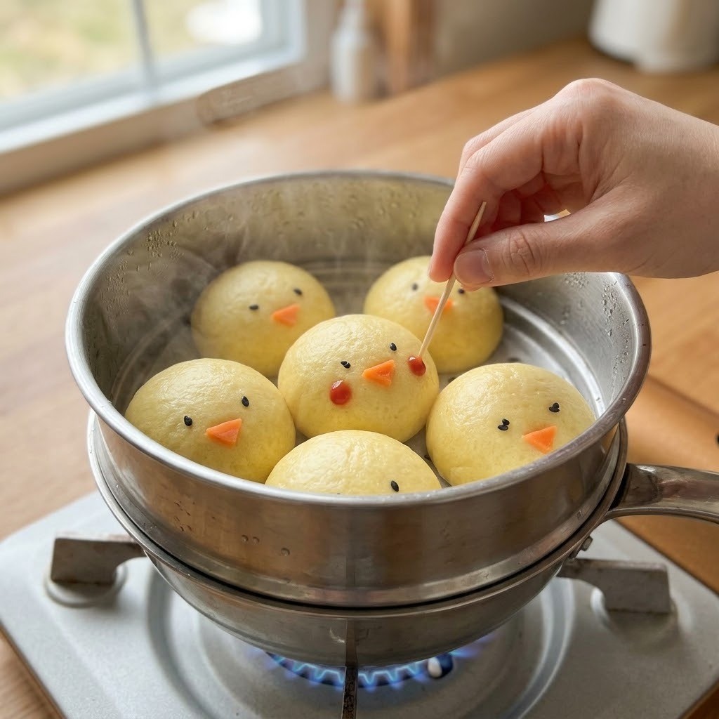 김이 올라오는 찜기에서 쪄낸 폭신한 병아리 찜빵에 케찹으로 붉은 볼터치를 찍어 데코레이션하는 완성 직전 단계