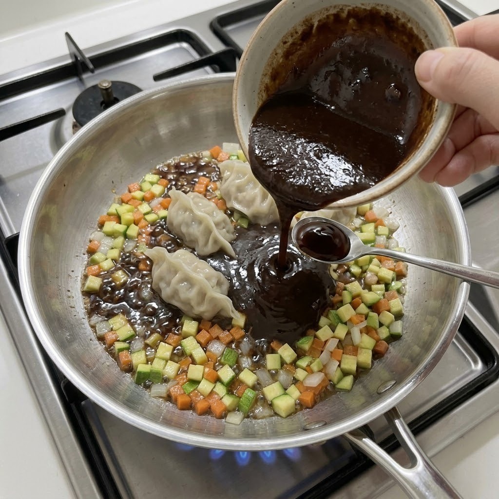 부드러운 짜장 소스와 아이굴소스를 넣어 촉촉하고 진하게 조리는 단계, 박정아 아기 짜장면 만들기 3단계
