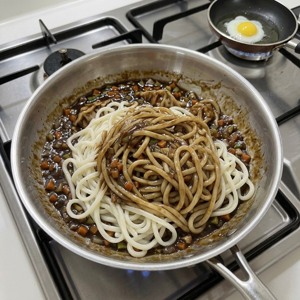 칼국수면에 소스를 잘 비빈 아기 짜장면과 반숙 메추리알 완성작, 박정아 아기 짜장면 만들기 4단계