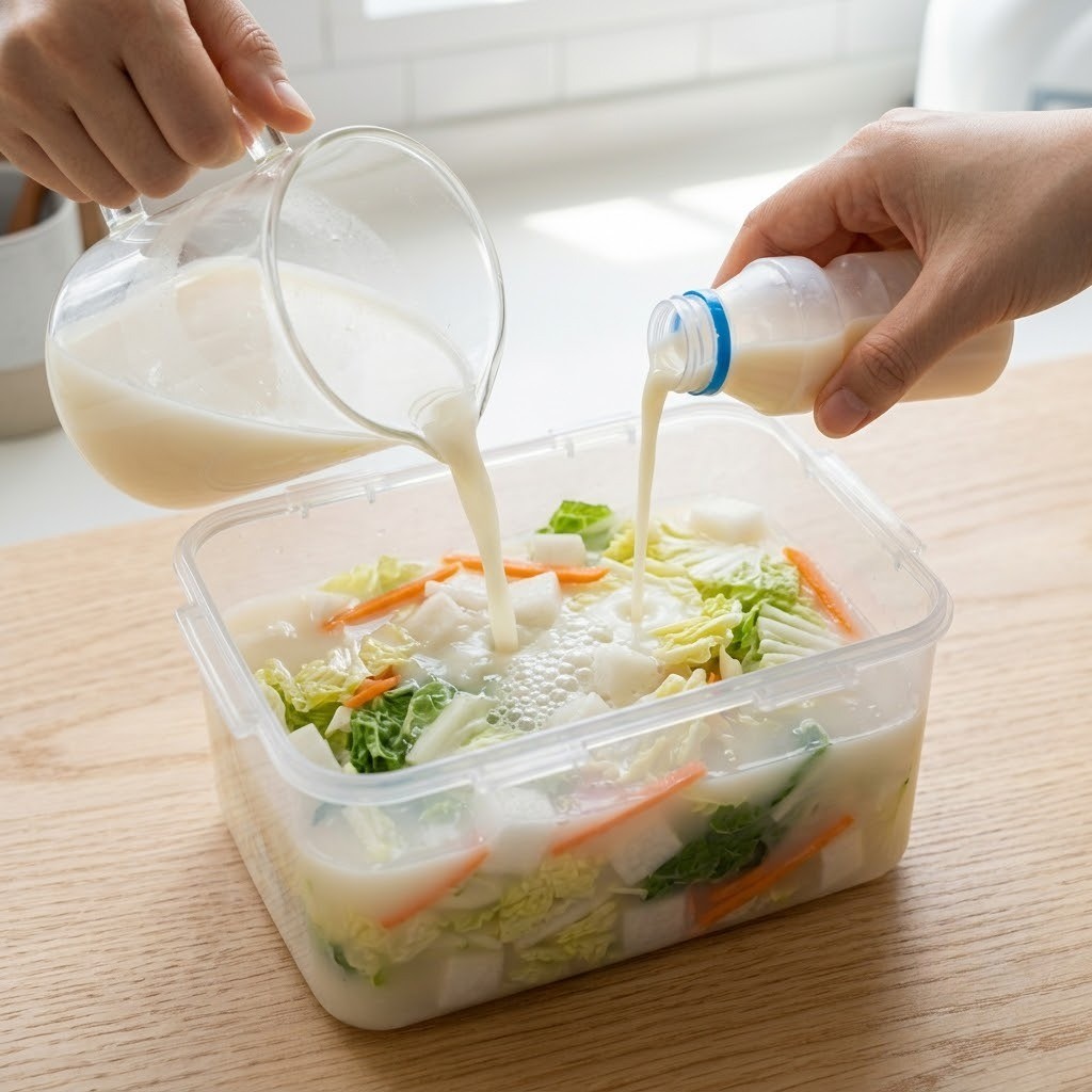 김치 통에 재료들을 담고 사골육수와 요구르트, 당근을 넣은 뒤 비정제 설탕을 뿌려 숙성시키는 과정