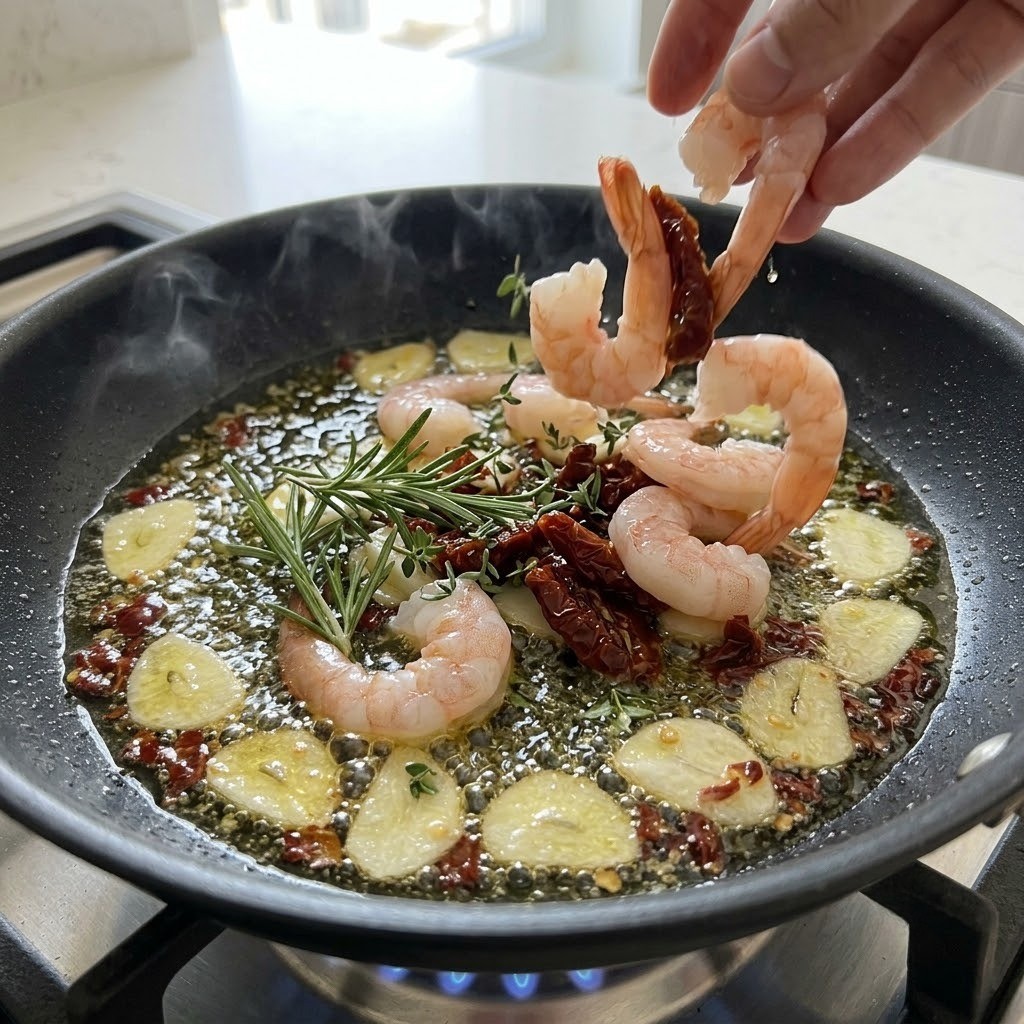 새우와 썬드라이 토마토, 신선한 허브를 넣어 볶는 과정, 감바스 만두 3단계