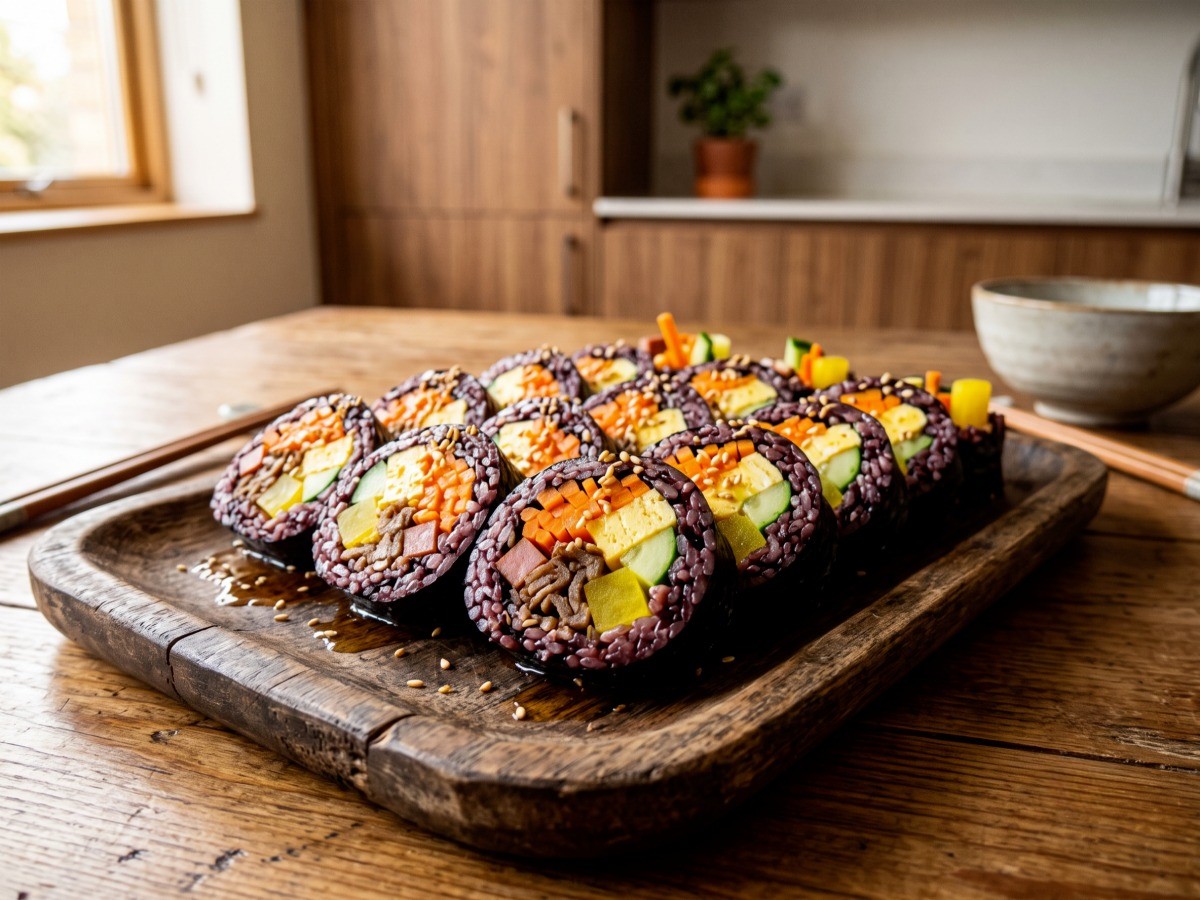 맛소금과 참기름으로 밑간한 고소한 흑미 류수영 김밥 완성 요리