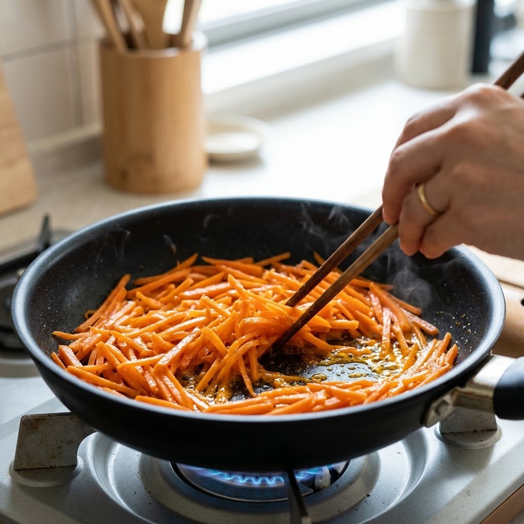 프라이팬에 넉넉한 식용유와 맛소금을 넣고 당근 채를 부드럽게 볶아내는 모습