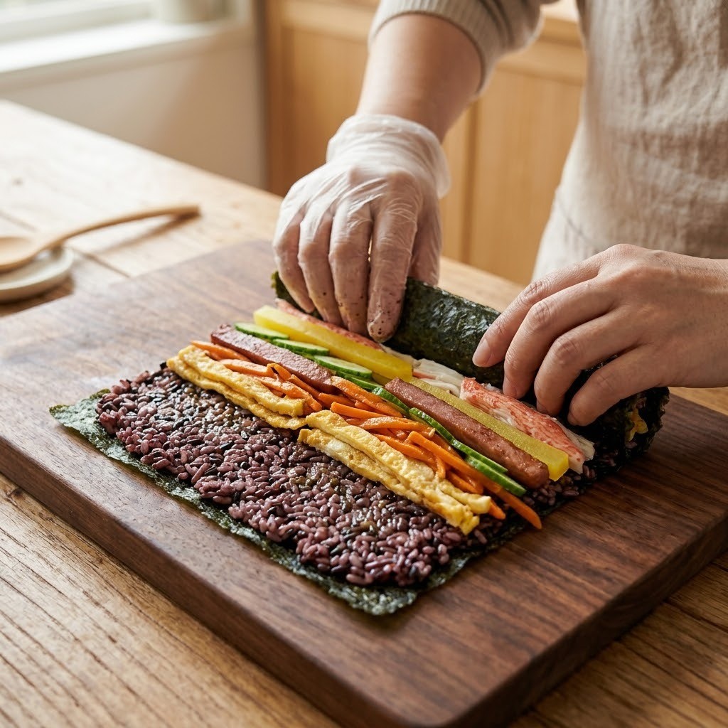 김 위에 얇게 편 흑미밥과 갖은 속재료들을 풍성하게 얹어 동그랗게 김밥을 마는 모습