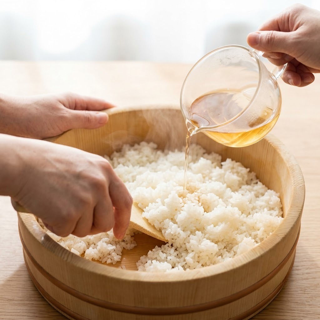 배합초를 넣고 주걱으로 섞어 초밥용 밥을 양념하는 과정, 편스토랑 류수영 아보카도 장어김밥