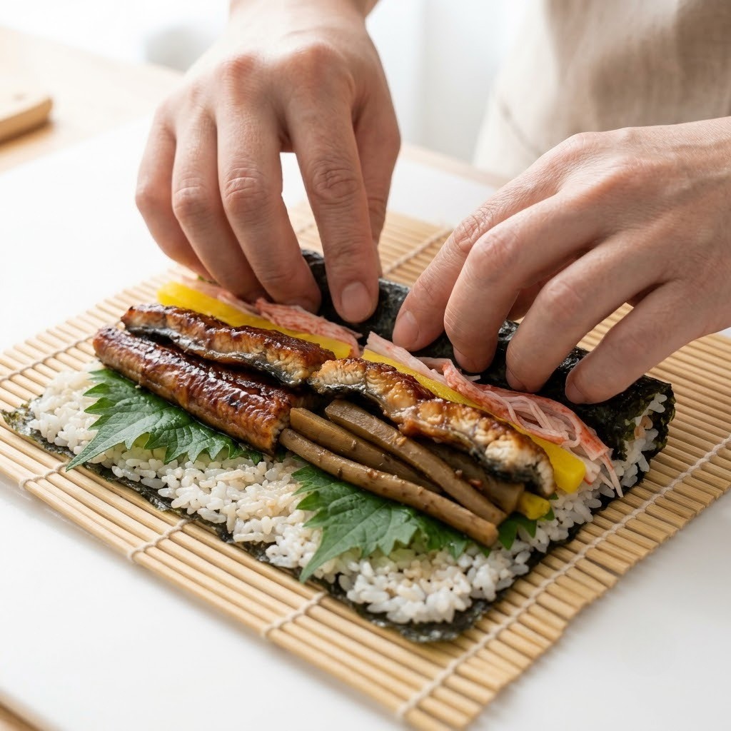 깻잎, 도톰한 장어구이, 맛살, 단무지를 올리고 김밥을 단단하게 마는 손길, 편스토랑 류수영 아보카도 장어김밥