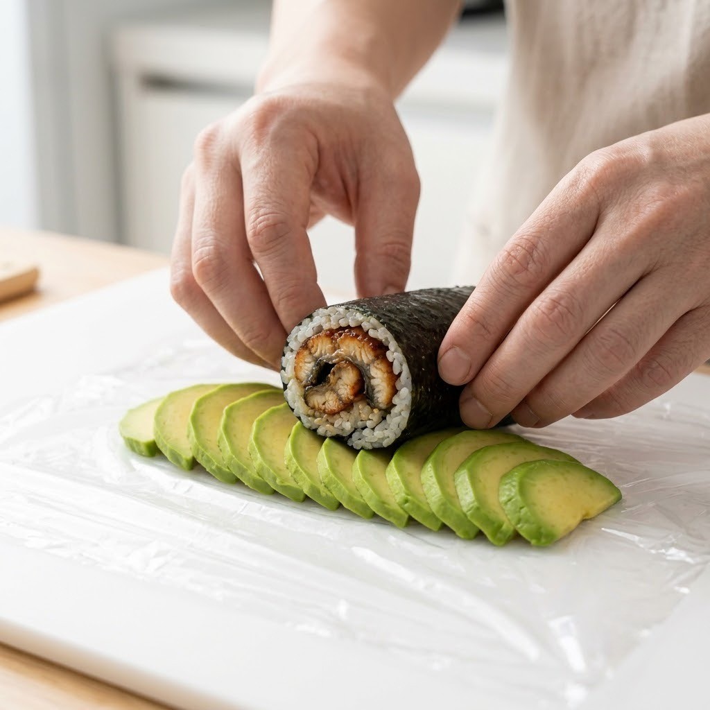 위생랩을 당겨 아보카도 슬라이스를 김밥 겉면에 둥글게 밀착시키는 조리법, 편스토랑 류수영 아보카도 장어김밥