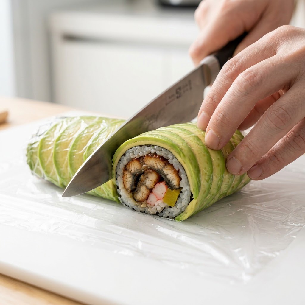 랩이 감싸진 아보카도 장어김밥을 칼로 조심히 썰어내는 과정, 편스토랑 류수영 아보카도 장어김밥