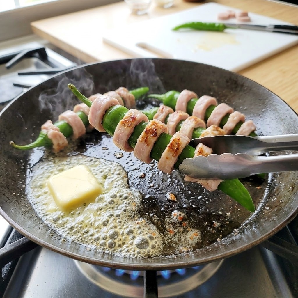 버터를 녹인 달군 프라이팬에 소금과 후추를 뿌려 고추막창을 굽는 모습