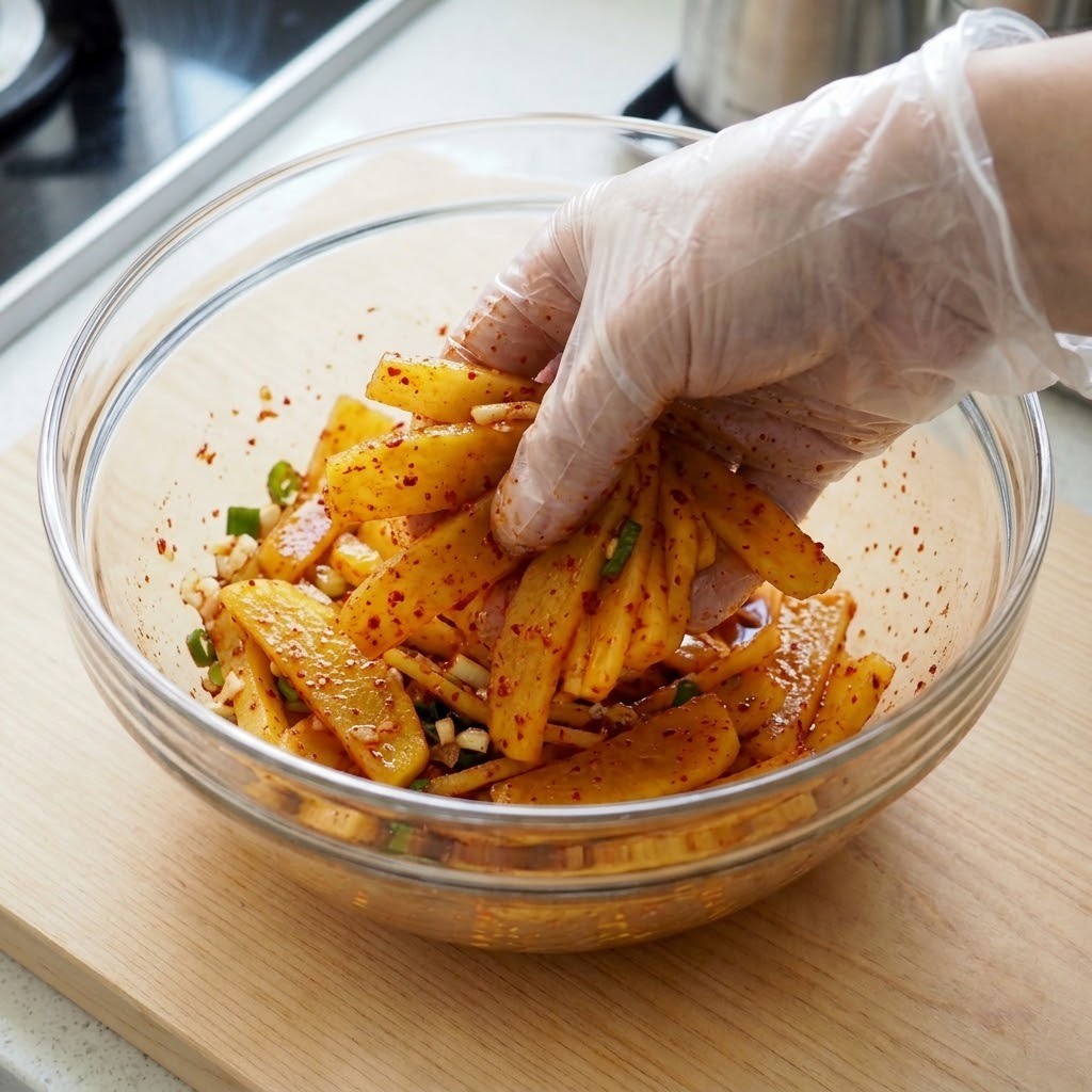 양념 넣고 조물조물 무치기, 단무지무침 만들기 2단계