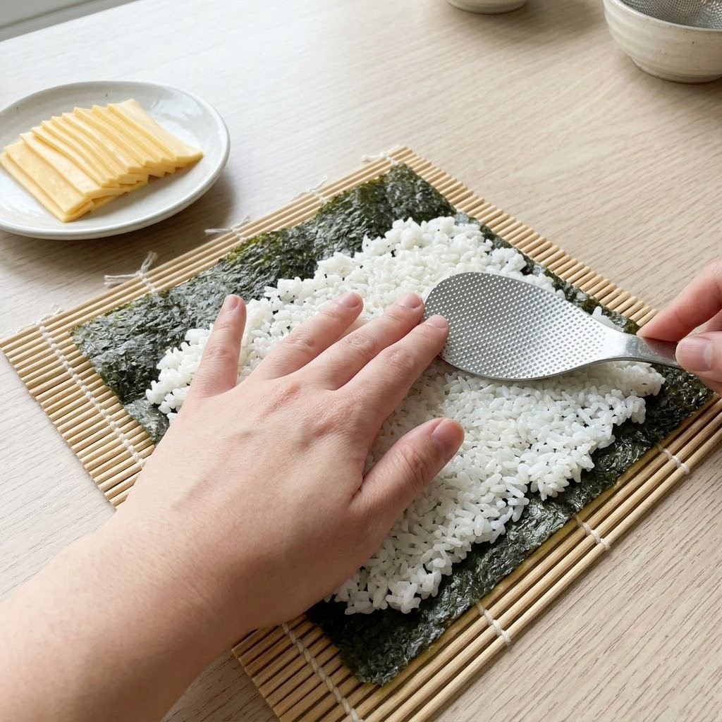 치즈 자르고 밥 넓게 펴기, 삼치김밥 만들기 2단계