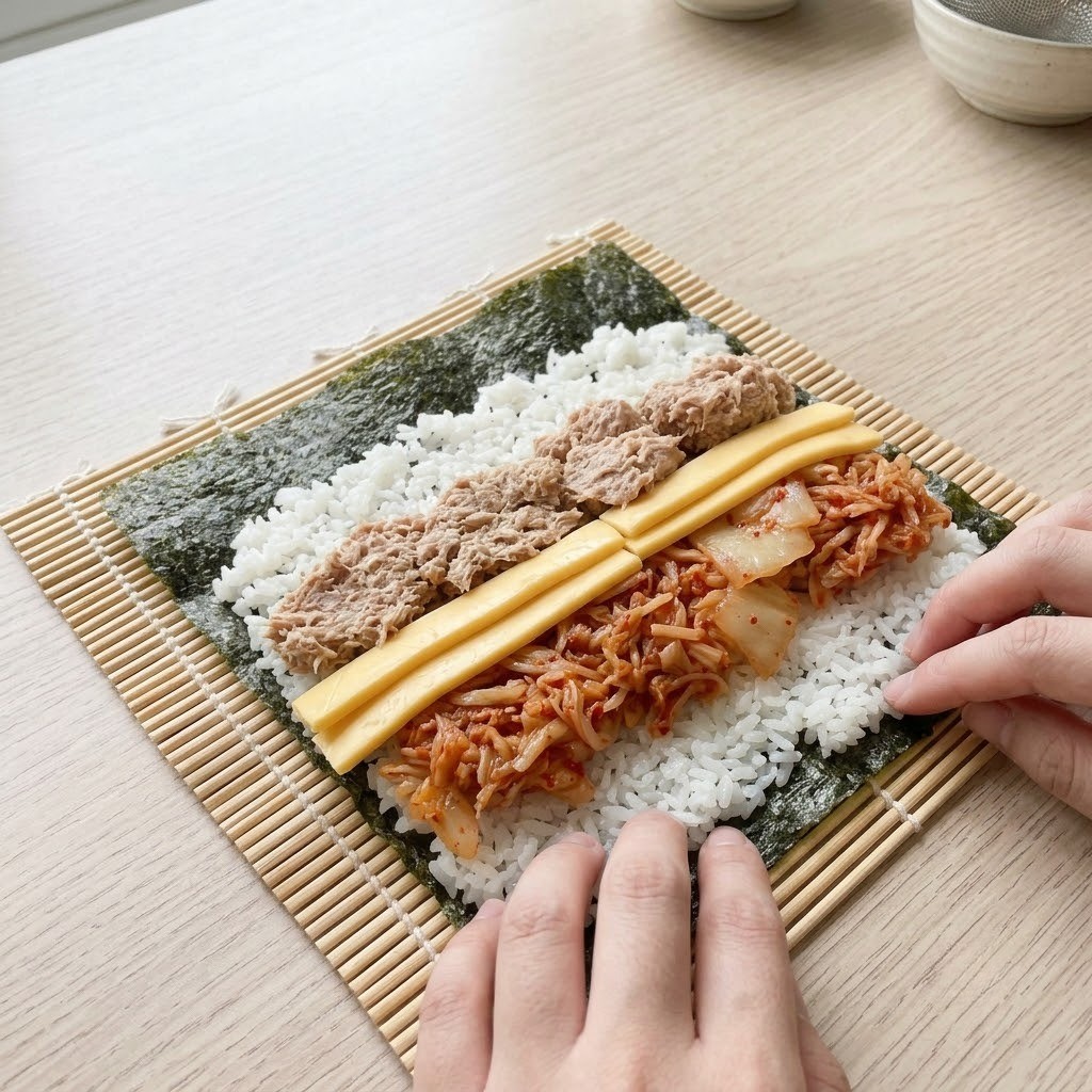밥 위에 치즈와 김치, 참치 올리기, 삼치김밥 만들기 3단계