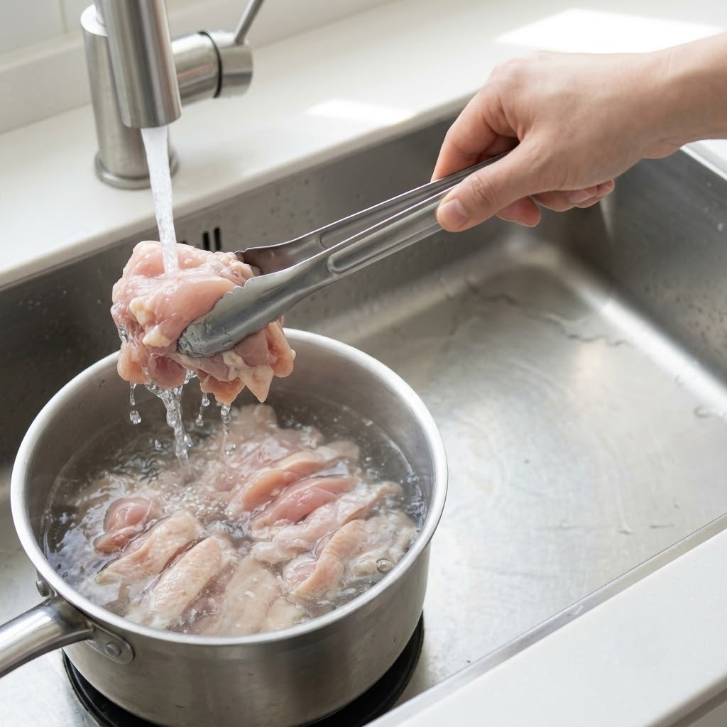 닭 손질 및 겉면 데치기, 옹심이 묵은지 닭볶음탕 만들기 1단계