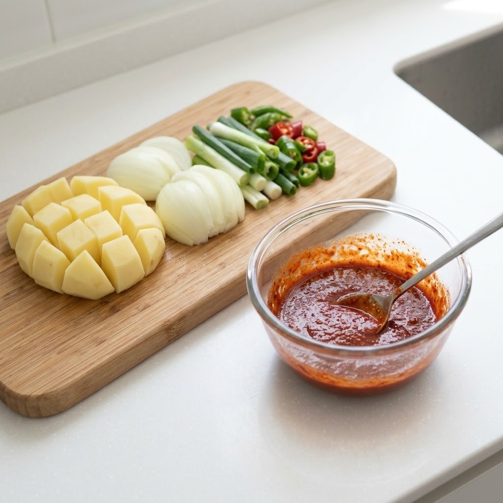 야채 썰기 및 양념장 혼합, 옹심이 묵은지 닭볶음탕 만들기 2단계
